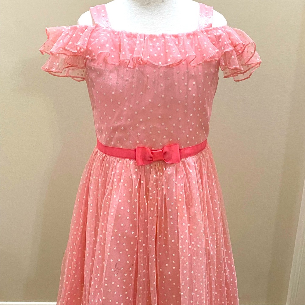 A pink with white does and off yeh shoulder dress, very good condition